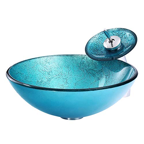 HomeLava Modern Gehärtetes Glas Waschbecken Set Klein Rund Aufsatzwaschbecken Blau 30 cm Becken mit Wasserfall Wasserhahn von HomeLava