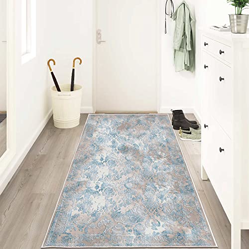 HomeNette Faltbarer maschinenwaschbarer Teppich, 100x200 cm, Rutschfester Teppich, schmutzabweisend, blau/graue Teppiche für Wohnzimmer, rutschfeste Unterseite, modernes Baumwoll-Boho-Muster von HomeNette