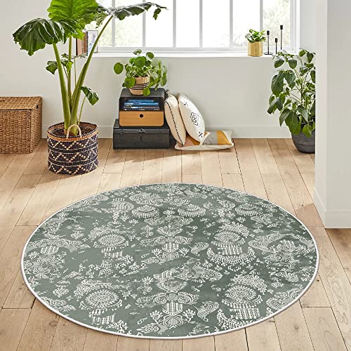 HomeNette Maschinenwaschbarer, runder Teppich, 140 cm, rutschfest, fusselfrei, wasserdicht, olivgrün, runde Teppiche, Überwurf für Wohnzimmer, Küche, Kreisteppich, Tokyo Collection Area Rugs von HomeNette