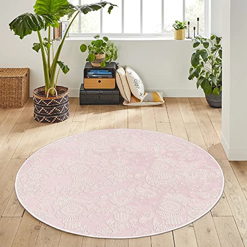 HomeNette Maschinenwaschbarer, runder Teppich, 160 cm, rutschfest, fusselfrei, wasserdicht, rosa runde Teppiche, Überwurf für Wohnzimmer, Küche, Kreisteppich, Tokyo Collection Area Rugs von HomeNette