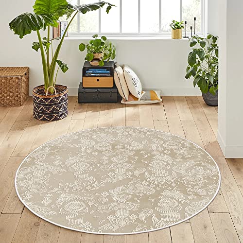 HomeNette Maschinenwaschbarer runder Teppich, 120 cm, rutschfest, fusselfrei, wasserdicht, beige runde Teppiche, Überwurf für Wohnzimmer, Bad, Schlafzimmer, Kreisteppich, Tokyo Collection Area Rugs von HomeNette