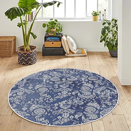 HomeNette Maschinenwaschbarer runder Teppich, 140 cm, rutschfest, fusselfrei, wasserdicht, Marineblau, runde Teppiche, Überwurf für Wohnzimmer, Küche, Bad, Tokyo Collection Area Rugs von HomeNette