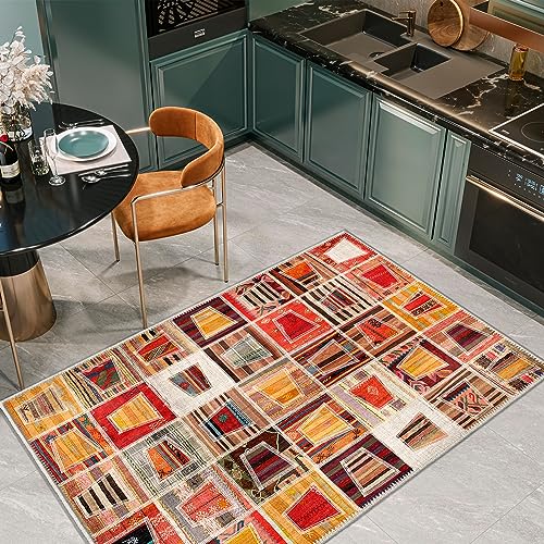 HomeNette Waschbarer Teppich, 12,7 x 12,7 cm, rot, quadratischer Teppich mit rutschfester Unterseite, schmutzabweisend, faltbar, Boho-Stil, maschinenwaschbar, für Küche, Bad, Schlafzimmer oder von HomeNette
