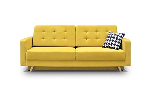 HomeSpace24 Sofa mit Schlaffunktion - Dreisitzer Couch mit Bettkasten, Modernes Design Bettsofa, Schlafcouch zum Wohnzimmer Belmont: Gelb von HomeSpace24