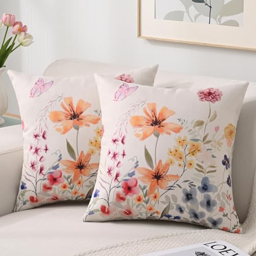 HomeStilez Blumen Kissenbezug 45x45 cm Kissenhülle Leinen Wasserdicht Outdoor Kissen Sofakissen Dekokissen Wilde Blumen Pflanze Kissenhülle 2er Set für Garten Sofa Schlafzimmer Outdoor von HomeStilez