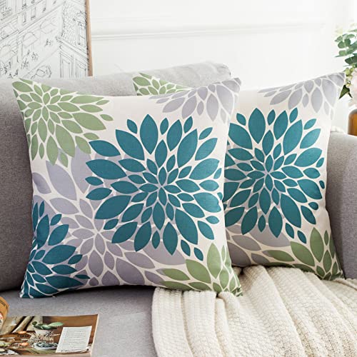 HomeStilez Kissenbezüge Blaugrün und Grau Kissenbezug 50 x 50 cm Blumen Sommer Ganzjährig Blume Moderner Outdoor Kissen Dekokissen Bezug für Sofa Bauernhaus Wohnzimmer Schlafzimmer, 2er-Pack von HomeStilez