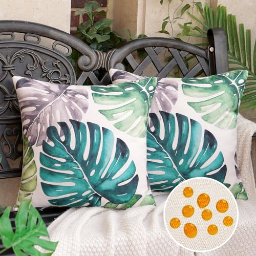 HomeStilez Kissenbezug 45 x 45 cm Grün Grau Monstera Blätter Wasserdichtes Leinen Dekorative Kissenhülle Sommer Tropische Pflanzen Zierkissenbezüge für Garten Außen Oder Innen Wohnzimmer, 2er-Set von HomeStilez