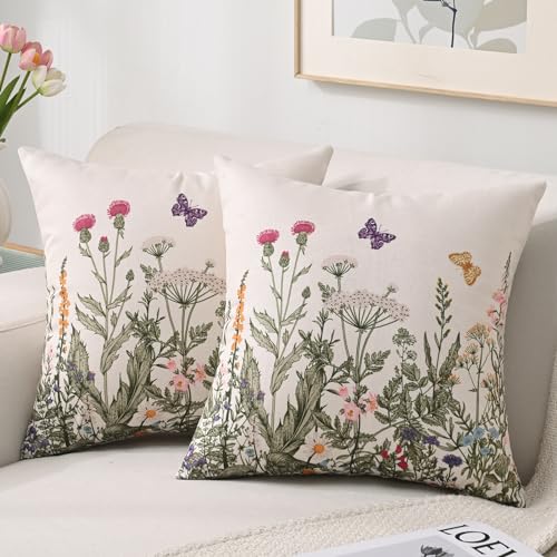 HomeStilez Outdoor Kissenbezug Frühling Sommer 40x40cm Wasserfest Leinen Kissenhülle Wilde Blumen 2er Set Grün Pflanze Sofakissen Dekokissen für Garten Couch Wohnzimmer Terrasse von HomeStilez