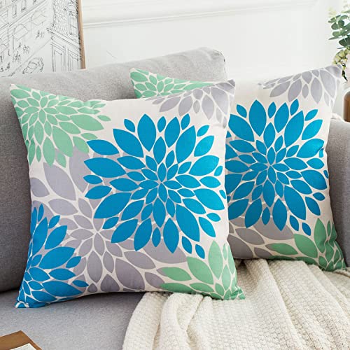 Kissenbezug 50x50cm Sommer Herbst Blau Grün Dekokissen Couchkissen Dekorativ Moderner Leinen Blume Kissenhülle Sofakissen Zierkissenbezüge für Sofa Drinnen Wohnzimmer Garten 2er-Set von HomeStilez