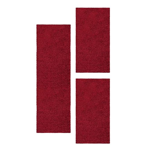 HomebyHome Bettumrandung Schlafzimmer 3 teilig Hochflor Teppich Rot - Waschbarer Teppich Extra Flauschig Bettvorleger Schlafzimmer Bettset:2 mal 60x110 + 1 mal 80x150 von HomebyHome