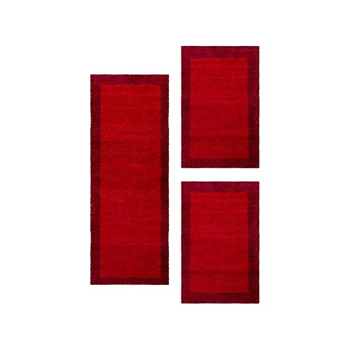 HomebyHome Bettumrandung Schlafzimmer 3 teilig Hochflor Teppich Rot - Waschbarer Teppich Extra Flauschig Bettvorleger Schlafzimmer Bettset:2 mal 80x150 + 1 mal 100x200 von HomebyHome