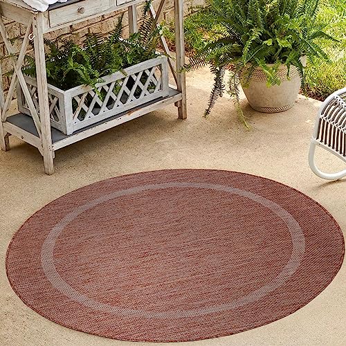 HomebyHome In & Outdoor Teppich Wetterfest Sisal Optik Rot 200 cm Rund - Balkon Teppich Wasserfest, Waschbar, Flachgewebe - Ideal für Küche, Camping, Garten und Terrasse von HomebyHome