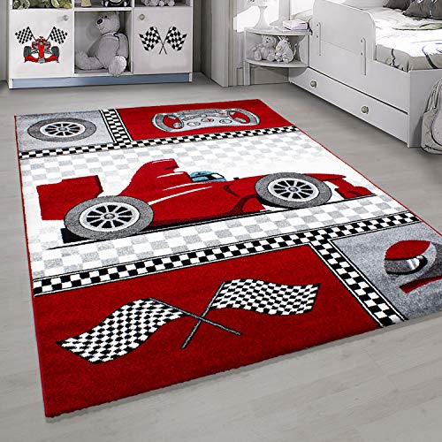 HomebyHome Kinderteppich Kurzflor Formel 1 Rennwagen Design Kinderzimmer Babyzimmer Spielzimmer 11 mm Florhöhe Weich Rechteckig Läufer Rot, Farbe:Rot, Grösse:140x200 cm von HomebyHome