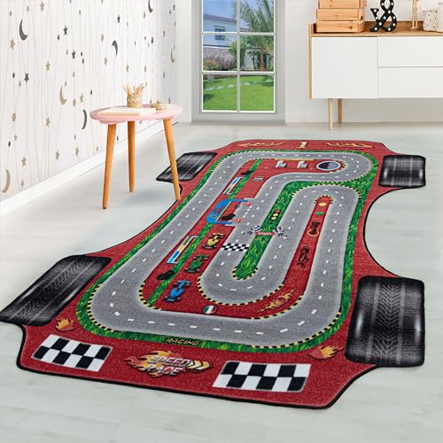 HomebyHome Kinderteppich Kurzflor Rennstracke Auto Design Rot 80x120 cm - Teppich Kinderzimmer für Junge Extra Weich Washbar - für Babyzimmer Spielteppich Babyteppich Autoteppich Rechteckig von HomebyHome