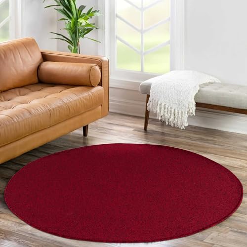 HomebyHome Kurzflor Teppich Einfarbig für Wohnzimmer und Schlafzimmer, Extra Weich, Pflegeleicht, Gabbeh-Look, Filzrücken, 11 mm Florhöhe Grösse: 200 cm Rund, Farbe: Rot von HomebyHome