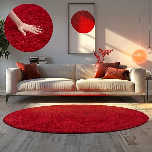 HomebyHome Teppich Wohnzimmer Shaggy Hochflor Rot 200 cm Rund Einfarbig Design - Flauschiger Teppich Schlafzimmer Moderne Extra Weich Pflegeleicht im 14 Farben - Carpet Living Room von HomebyHome