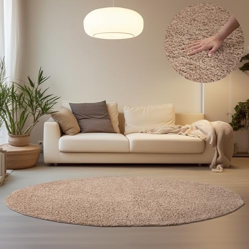 HomebyHome Shaggy Hochflor Teppich Wohnzimmer 160 cm Rund Beige - Teppich Flauschig, Modern, Plüsch und Extra Weich - Ideal für Schlafzimmer, Esszimmer und als Küchenteppich von HomebyHome