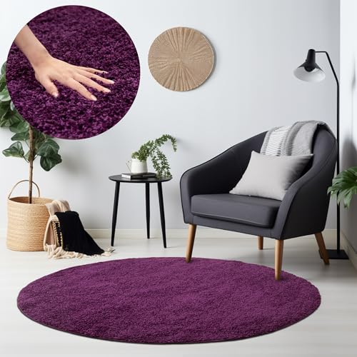 HomebyHome Shaggy Hochflor Teppich Wohnzimmer 160 cm Rund Lila - Teppich Flauschig, Modern, Plüsch und Extra Weich - Ideal für Schlafzimmer, Esszimmer und als Küchenteppich von HomebyHome