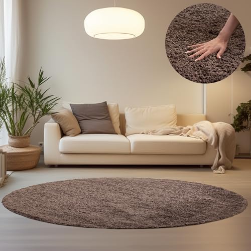 HomebyHome Shaggy Hochflor Teppich Wohnzimmer 160 cm Rund Taupe - Teppich Flauschig, Modern, Plüsch und Extra Weich - Ideal für Schlafzimmer, Esszimmer und als Küchenteppich von HomebyHome