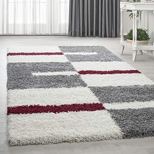 HomebyHome Teppich Wohnzimmer und Schlafzimmer Shaggy Teppich Kariert Moderne Design Rot Grau und Weiss 160x230 cm - Hochflor Teppich Wohnzimmer Extra Weich Pflegeleicht - Carpet Living Room von HomebyHome