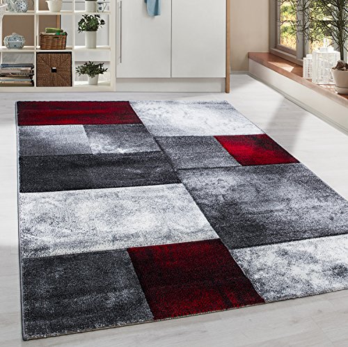 HomebyHome Teppich Wohnzimmer 140x200 cm Rot Kariert Konturschnitt Design - Schlafzimmer Teppich Kurzflor Extra Weich Pflegeleicht Teppiche für Küche Esszimmer Jugendzimmer - Carpet Living Room von HomebyHome