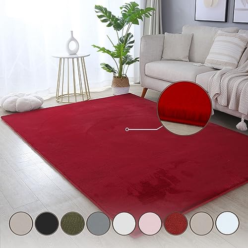 HomebyHome Teppich Wohnzimmer 140x200 cm Rot Waschbarer Hochflor Flauschiger Teppiche Einfarbig Moderne Design - Küchenteppich Waschbar Shaggy Extra Weich Teppich für Schlafzimmer Kinderzimmer von HomebyHome