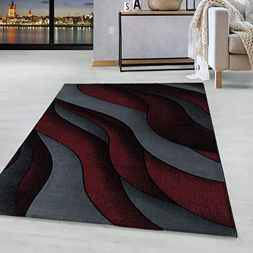 HomebyHome Teppich Wohnzimmer 160x230 cm Rot Abstrakt Wellen Design - Schlafzimmer Teppich Kurzflor Extra Weich Pflegeleicht Teppiche für Küche Esszimmer Büroteppich - Carpet Living Room Halı von HomebyHome