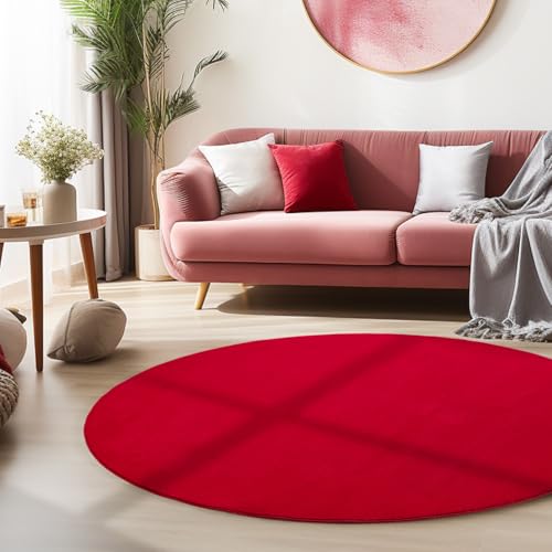 HomebyHome Teppich Wohnzimmer 200 cm Rund Rot Waschbarer Kurzflor Teppiche Einfarbig Moderne Design - Küchenteppich Waschbar rutschfest Extra Weich Flauschiger Teppiche für Schlafzimmer Kinderzimmer von HomebyHome