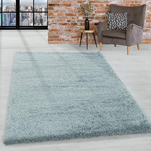 HomebyHome Teppich Wohnzimmer Hochflor Shaggy Blau 80x150 cm 50 mm Florhöhe - Teppich Schlafzimmer Langflor Einfarbig Design Moderne und Extra Weich - Teppich Flauschig Flur Läufer von HomebyHome