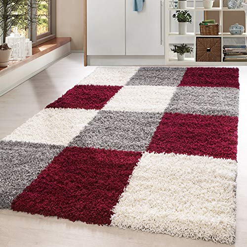 HomebyHome Teppich Wohnzimmer Shaggy Hochflor Rot Rechteckig 160x230 cm Kariert Design - Flauschiger Teppich Schlafzimmer Moderne Extra Weich Pflegeleicht im 14 Farben - Carpet Living Room von HomebyHome