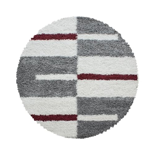 HomebyHome Teppich Wohnzimmer und Schlafzimmer Shaggy Teppich Kariert Moderne Design Rot Grau und Weiss 200 cm Rund - Hochflor Teppich Wohnzimmer Extra Weich Pflegeleicht - Carpet Living Room von HomebyHome