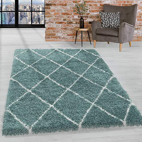 HomebyHome Teppich Wohnzimmer und Schlafzimmer Shaggy Teppich Skandinavisch Raute Design Blau und Weiss Läufer 80x150 cm - Hochflor Teppich Wohnzimmer Extra Weich Pflegeleicht - Carpet Living Room von HomebyHome