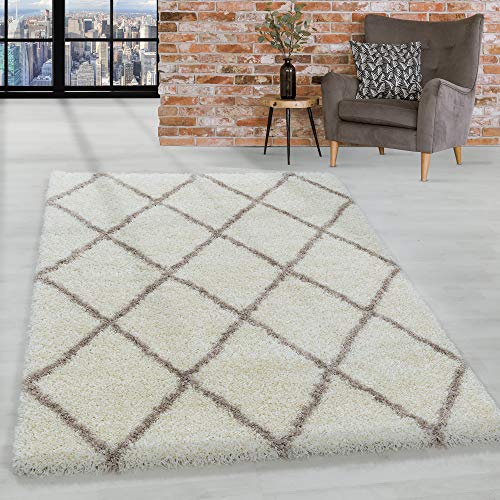 HomebyHome Teppich Wohnzimmer und Schlafzimmer Shaggy Teppich Skandinavisch Raute Design Creme und Braun Läufer 80x150 cm - Hochflor Teppich Wohnzimmer Extra Weich Pflegeleicht - Carpet Living Room von HomebyHome