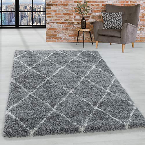 HomebyHome Teppich Wohnzimmer und Schlafzimmer Shaggy Teppich Skandinavisch Raute Design Grau und Weiss Läufer 80x150 cm - Hochflor Teppich Wohnzimmer Extra Weich Pflegeleicht - Carpet Living Room von HomebyHome