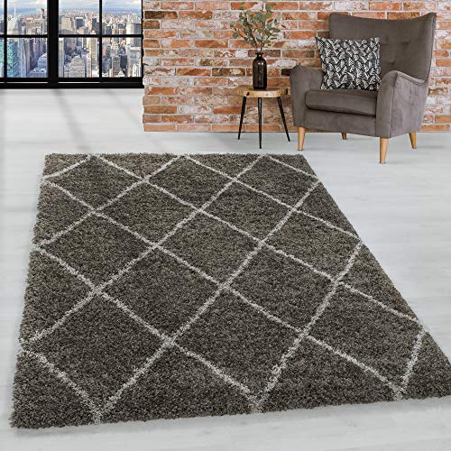 HomebyHome Teppich Wohnzimmer und Schlafzimmer Shaggy Teppich Skandinavisch Raute Design Taupe und Beige Läufer 80x150 cm - Hochflor Teppich Wohnzimmer Extra Weich Pflegeleicht - Carpet Living Room von HomebyHome