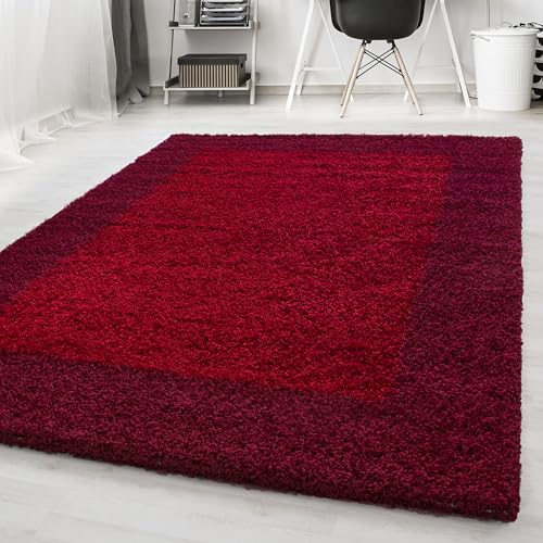 HomebyHome Teppich Wohnzinmer Shaggy Hochflor Rot Rechteckig 160x230 cm Bordüre Design - Flauschiger Teppich Schlafzinmer Moderne Extra Weich Pflegeleicht in 6 Farben - Carpet Living Room von HomebyHome