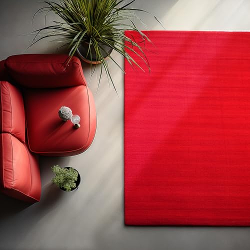 HomebyHome Teppich Wohnzimmer 140x200 cm Rot Waschbarer Kurzflor Teppiche Einfarbig Moderne Design - Küchenteppich Waschbar rutschfest Extra Weich Flauschiger Teppiche für Schlafzimmer Kinderzimmer von HomebyHome