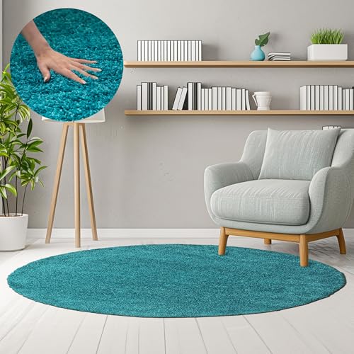 HomebyHome Shaggy Hochflor Teppich Wohnzimmer 160 cm Rund Türkis - Teppich Flauschig, Modern, Plüsch und Extra Weich - Ideal für Schlafzimmer, Esszimmer und als Küchenteppich von HomebyHome