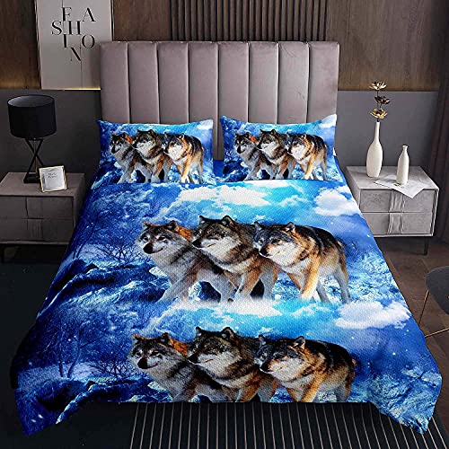 Wolf Bettüberwurf Wölfe Drucken Steppdecke Wolf Mond Blau Galaxis Sterne Tagesdecke 220x240cm für Kinder Erwachsene Schnee Wald Natur Tierwelt Kreatur Wohndecke Ultra Weich Zimmer Dekor Sammlung von Homemissing