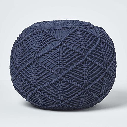 Homescapes Häkel-Pouf, dunkelblau, rundes Bodenkissen 35 x 40 cm in Boho Style, dekorativer Fußhocker in Makramee-Optik, gehäkelter Puff aus 100% Baumwolle, Häkelpuff/Strickhocker,blau von Homescapes