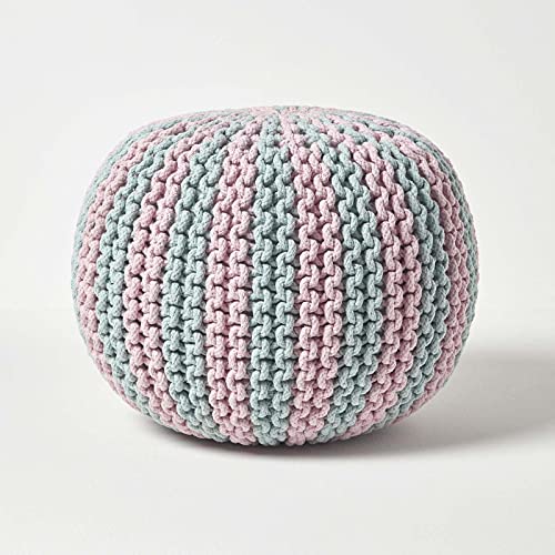 Homescapes Pouf, blau-rosa gestreifter Strickpouf, rundes Bodenkissen 35 x 40 cm, dekorativer Fußhocker mit grob gestricktem Bezug aus 100% Baumwolle, Strickpuff/Strickhocker von Homescapes