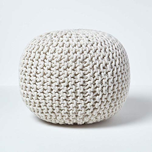 Homescapes Pouf Strickpouf rundes Bodenkissen, Sitzpouf 35 x 40 cm, gepolsterter Sitzhocker, Sitzpuff/Puff mit grob gestricktem Bezug aus 100% Baumwolle, Strickpuff, Natur/naturweiß von Homescapes