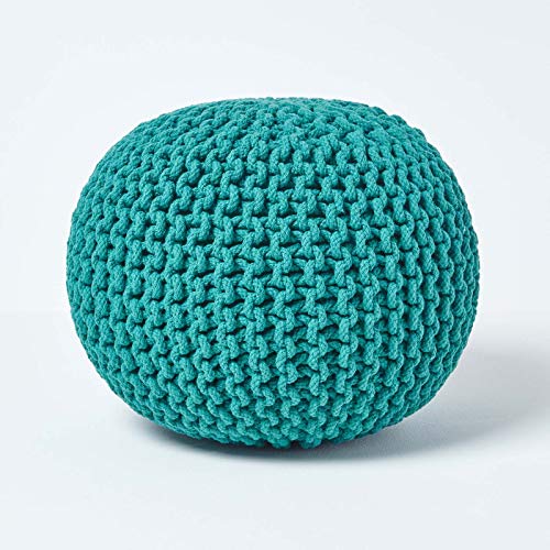 Homescapes Pouf Strickpouf rundes Bodenkissen, Sitzpouf 35 x 40 cm, gepolsterter Sitzhocker, Sitzpuff/Puff mit grob gestricktem Bezug aus 100% Baumwolle, Strickpuff, blaugrün/Petrol von Homescapes