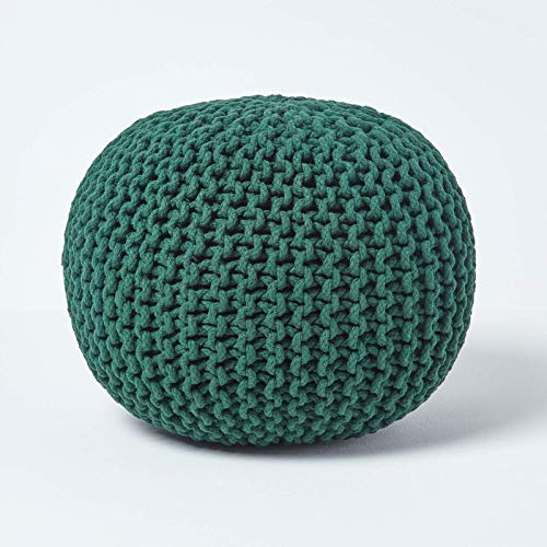 Homescapes Pouf Strickpouf rundes Bodenkissen, Sitzpouf 35 x 40 cm, gepolsterter Sitzhocker, Sitzpuff/Puff mit grob gestricktem Bezug aus 100% Baumwolle, Strickpuff, grün/tannengrün von Homescapes