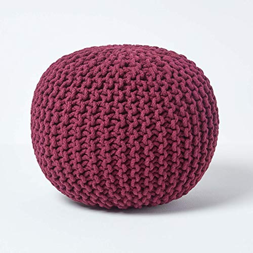 Homescapes Pouf Strickpouf rundes Bodenkissen, Sitzpouf 35 x 40 cm, gepolsterter Sitzhocker, Sitzpuff/Puff mit grob gestricktem Bezug aus 100% Baumwolle, Strickpuff, lila/Pflaume von Homescapes