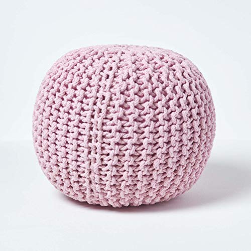 Homescapes Pouf Strickpouf rundes Bodenkissen, Sitzpouf 35 x 40 cm, gepolsterter Sitzhocker, Sitzpuff/Puff mit grob gestricktem Bezug aus 100% Baumwolle, Strickpuff, rosa/Hellrosa von Homescapes