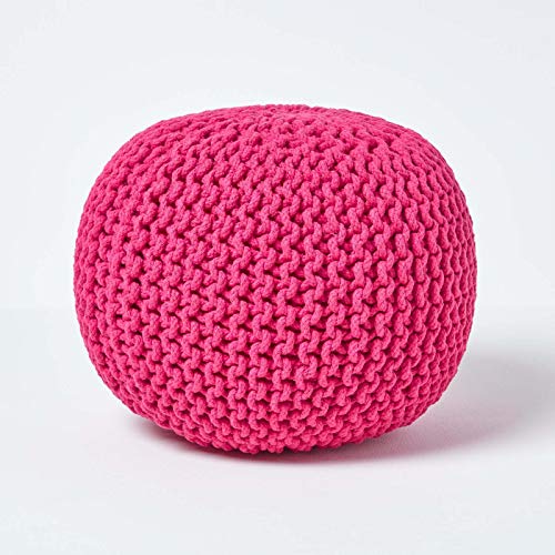 Homescapes Pouf Strickpouf rundes Bodenkissen, Sitzpouf 35 x 40 cm, gepolsterter Sitzhocker, Sitzpuff/Puff mit grob gestricktem Bezug aus 100% Baumwolle, Strickpuff, rosa/pink von Homescapes