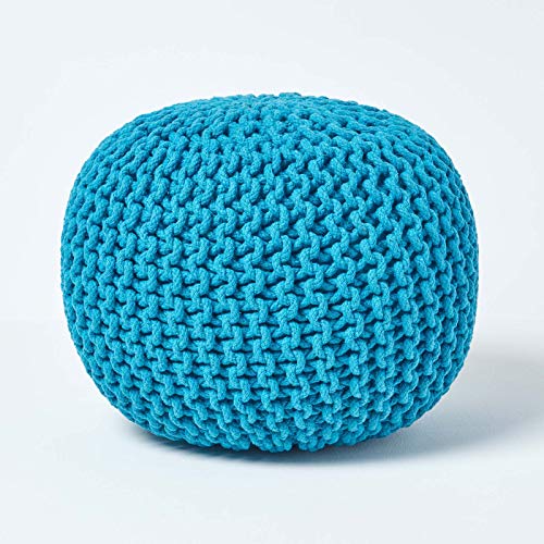 Homescapes Pouf Strickpouf rundes Bodenkissen, Sitzpouf 35 x 40 cm, gepolsterter Sitzhocker, Sitzpuff/Puff mit grob gestricktem Bezug aus 100% Baumwolle, Strickpuff, türkis/blaugrün von Homescapes