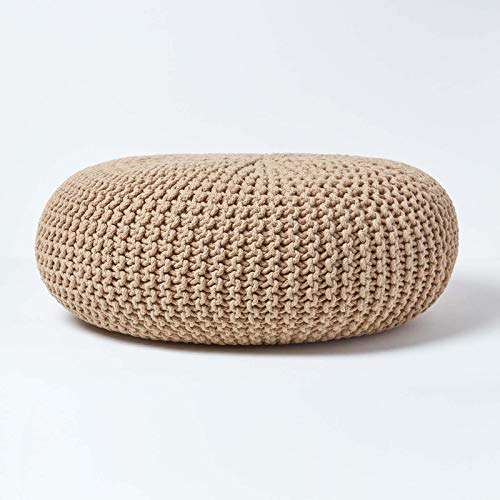 Homescapes Pouf Strickpouf rundes Bodenkissen, Sitzpouf 70 x 23 cm, gepolsterter Sitzhocker, Sitzpuff/Puff mit grob gestricktem Bezug aus 100% Baumwolle, Strickpuff, beige/cremeweiß von Homescapes