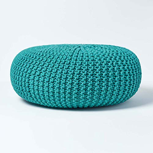 Homescapes Pouf Strickpouf rundes Bodenkissen, Sitzpouf 70 x 23 cm, gepolsterter Sitzhocker, Sitzpuff/Puff mit grob gestricktem Bezug aus 100% Baumwolle, Strickpuff, blaugrün/Petrol von Homescapes